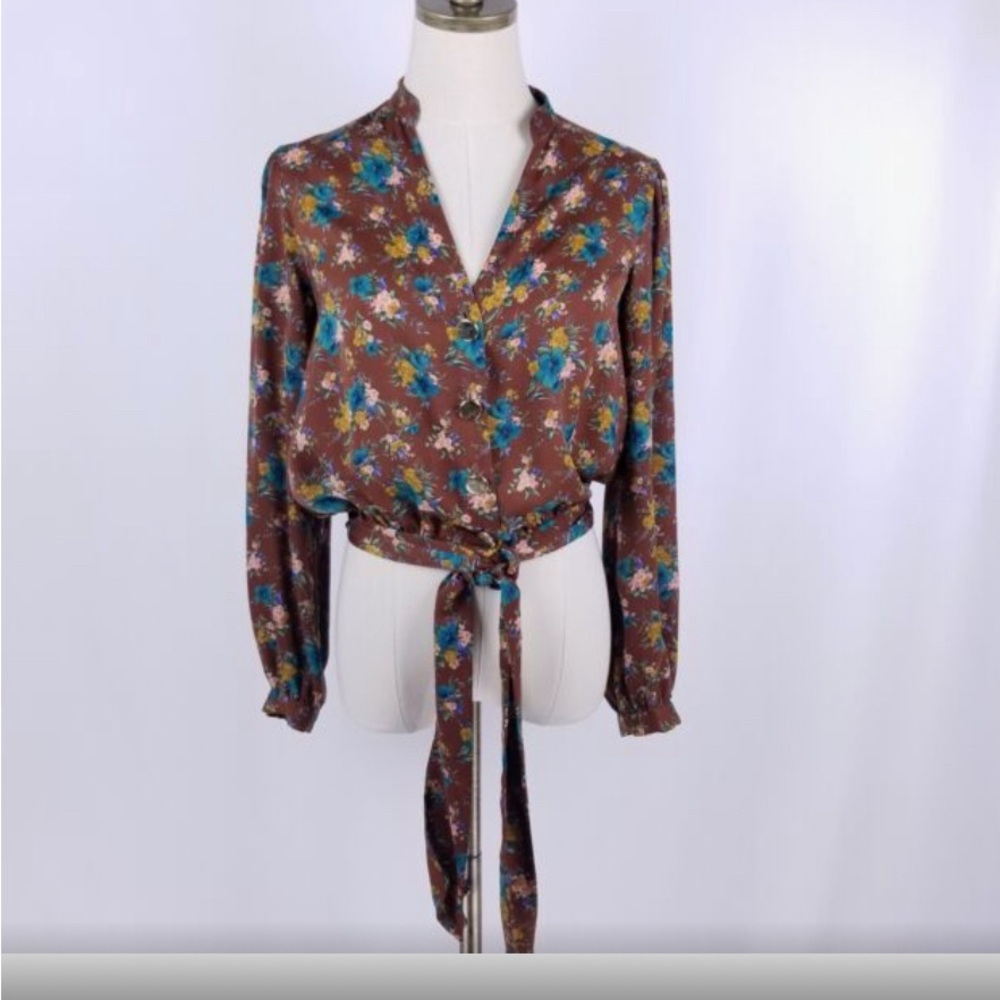 Zara Basic Long Sleeve Cropped Blouse Size S Brown Floral Button Up Tie Waist